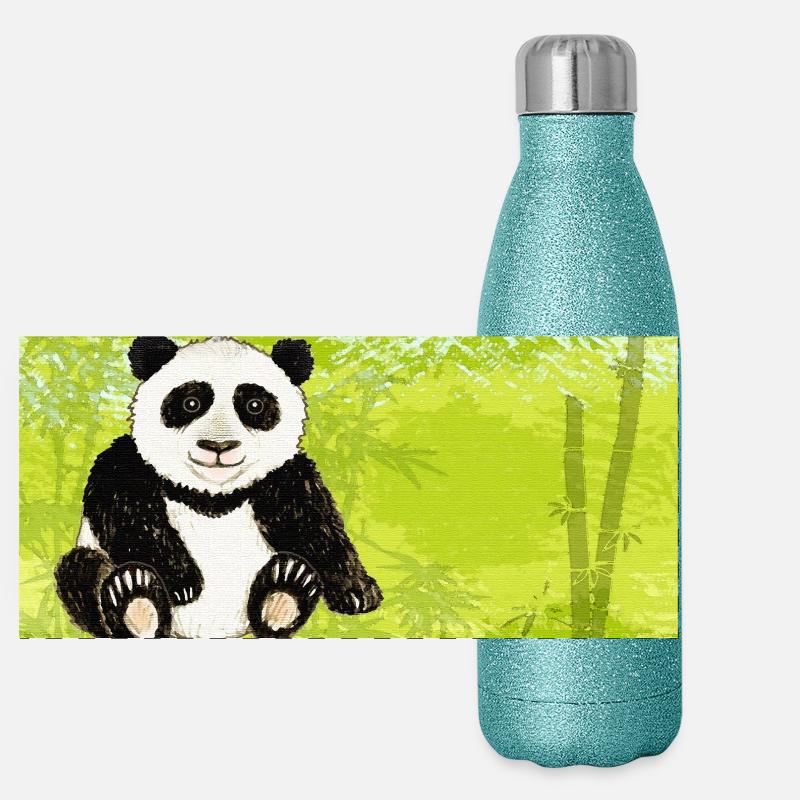 Panda assis ours dans une forêt de bambous verts Gourde isotherme panoramique pailletée 500 ml