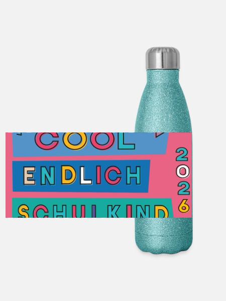 Endlich Schulkind - Panorama Glitzer Isolierflasche 500 ml - Blau Glitzer