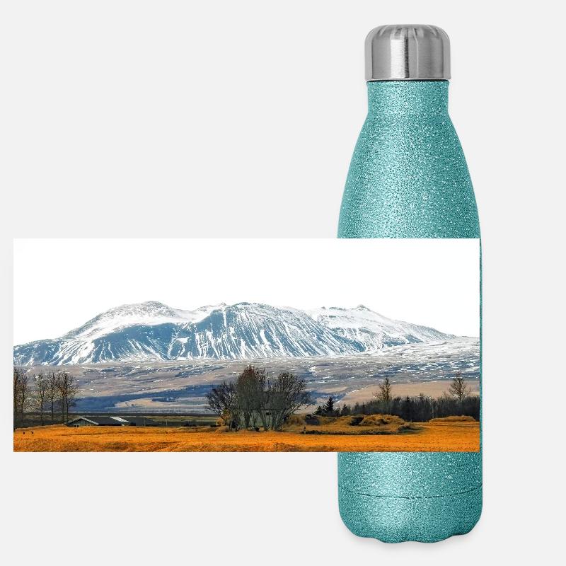 Snowy Mountain Fieldscape in Iceland Panoramic Glitter Thermal Bottle 500 ml