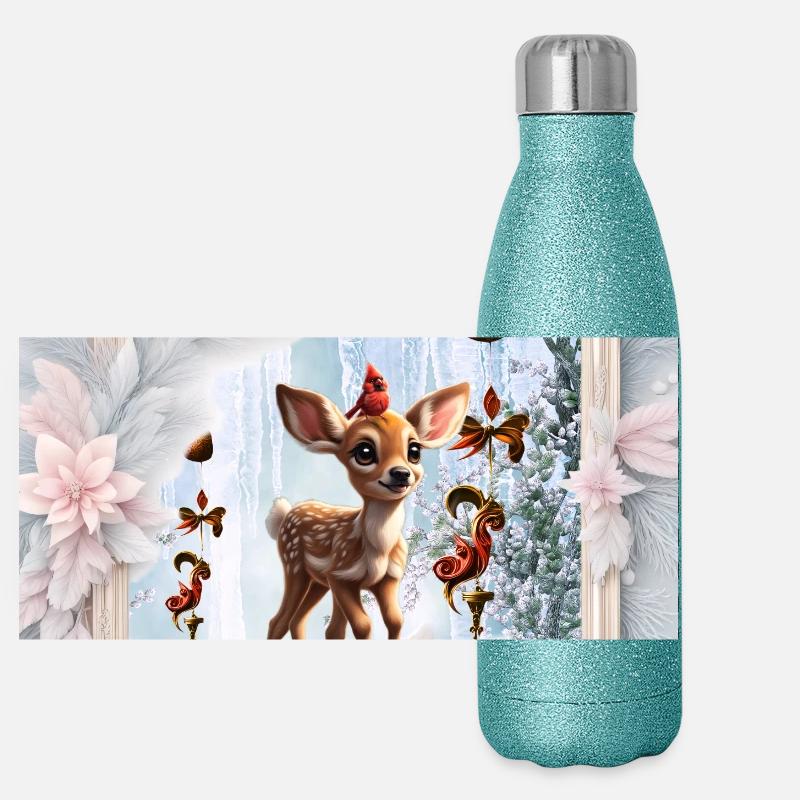 Mignon faon avec oiseau Gourde isotherme panoramique pailletée 500 ml