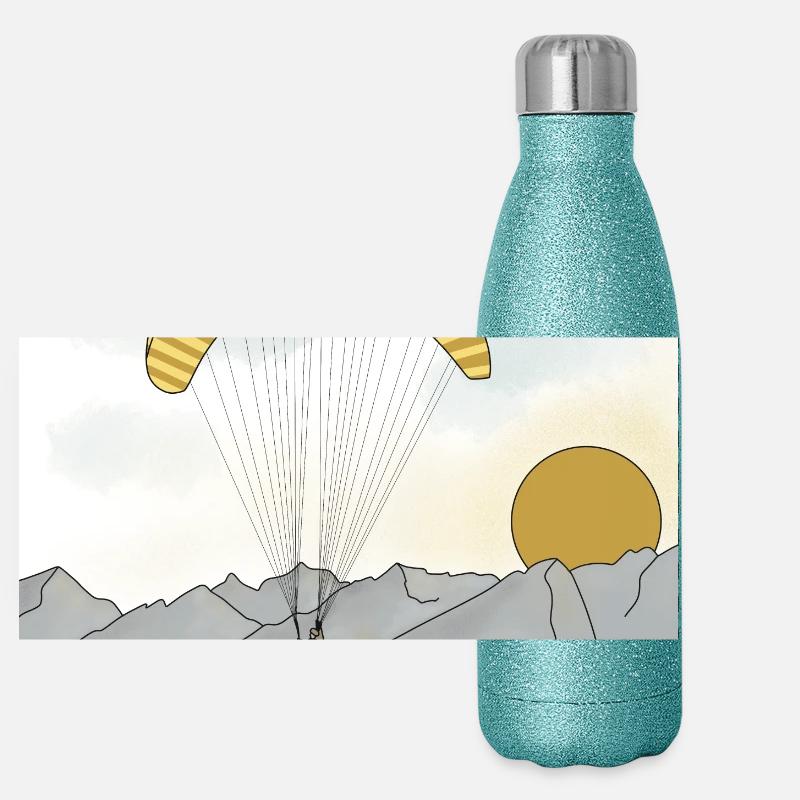Paraglider sailing in the mountains sunset Panoramic Glitter Thermal Bottle 500 ml