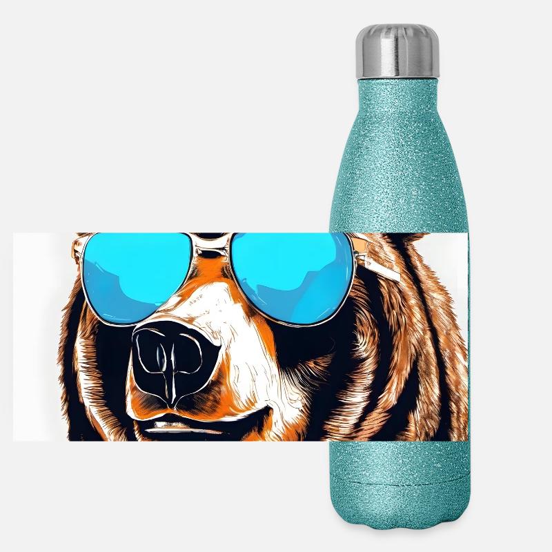 Bär mit Sonnenbrille Pop-Art Panorama Glitzer Isolierflasche 500 ml