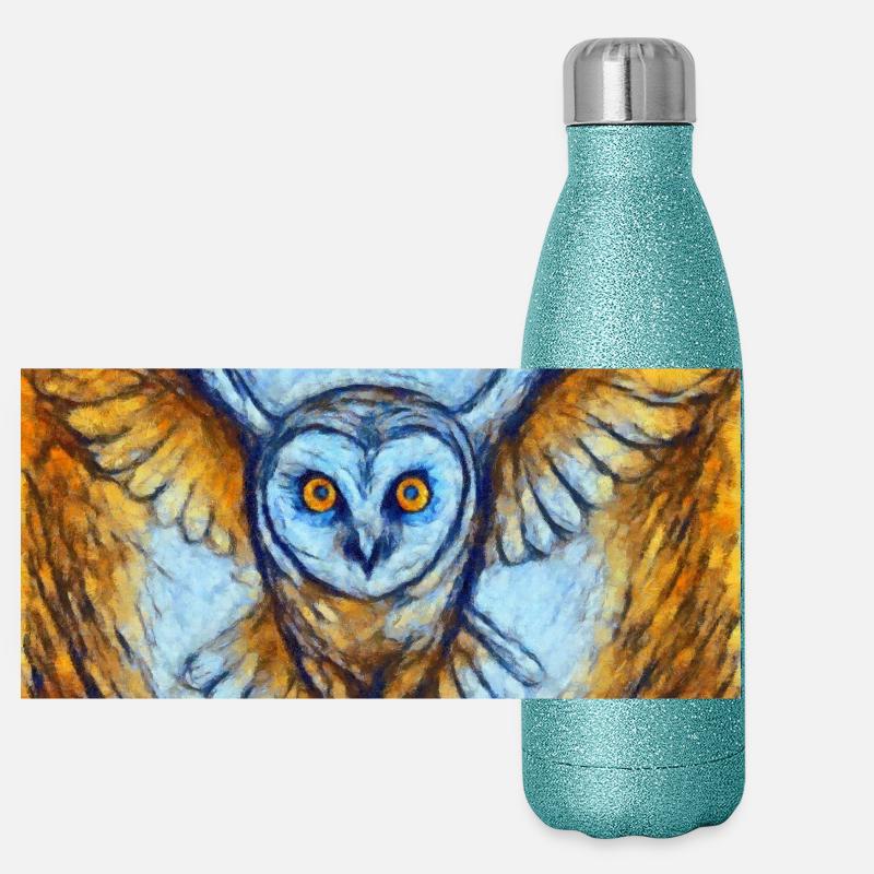 Leuchtende Eule im Flug Panorama Glitzer Isolierflasche 500 ml