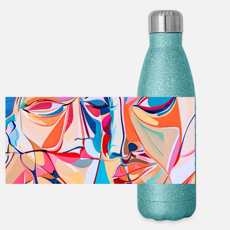 Colorful Abstract Expressionist Portrait Panoramic Glitter Thermal Bottle 500 ml