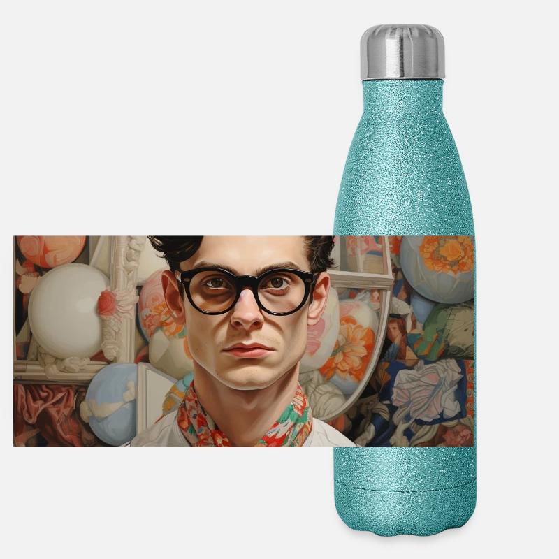Portrait Nerd Chic avec une touche rétro Gourde isotherme panoramique pailletée 500 ml