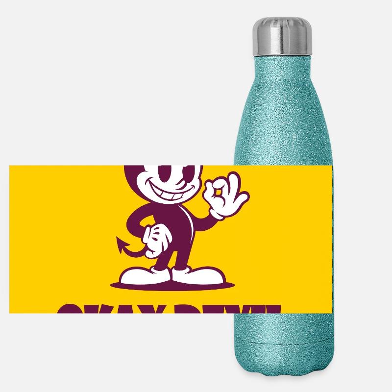 Okay Devil-Maskottchen auf Gelb Panorama Glitzer Isolierflasche 500 ml