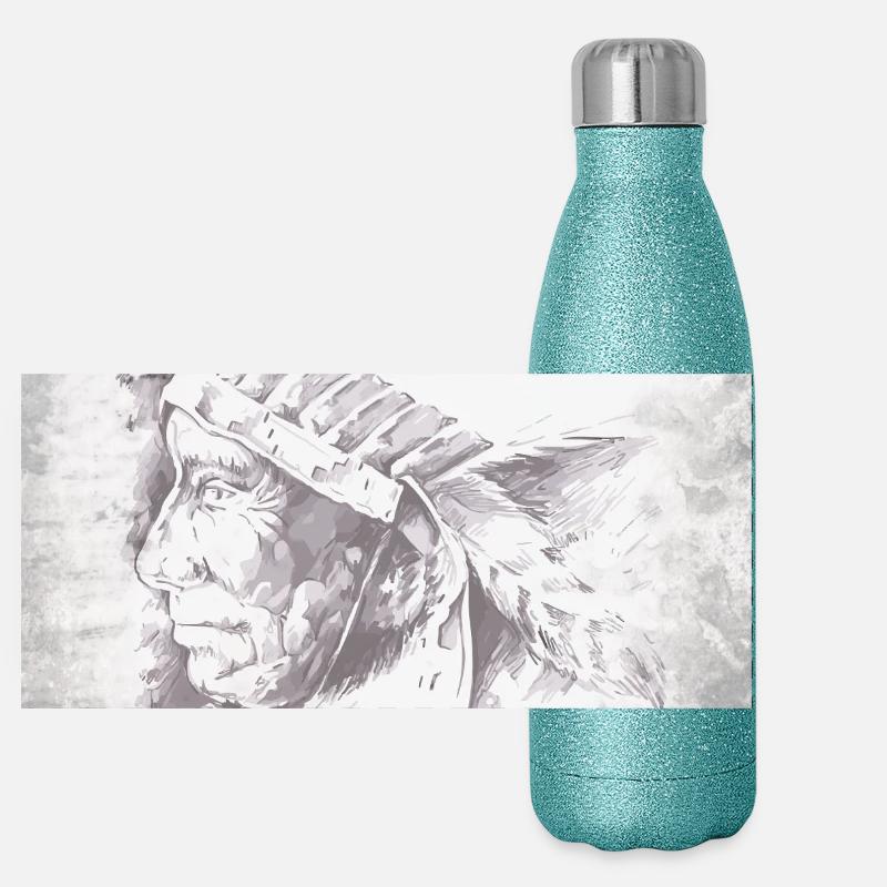 Chef indigène en plumes gris Gourde isotherme panoramique pailletée 500 ml