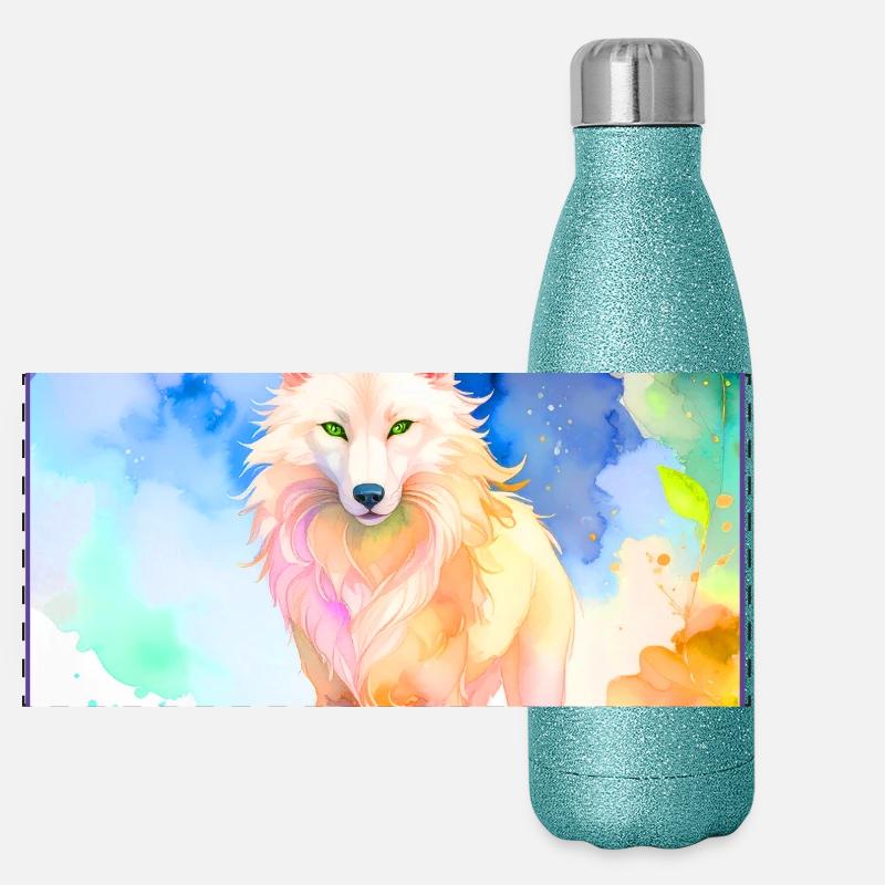 White wolf in front of colorful cave - Panoramic Glitter Thermal Bottle 500 ml - blue glitter