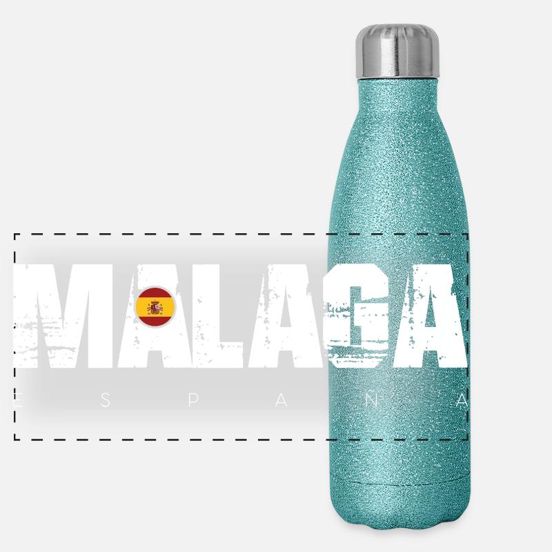 Malaga Distressed Text with Spain Flag Panoramic Glitter Thermal Bottle 500 ml