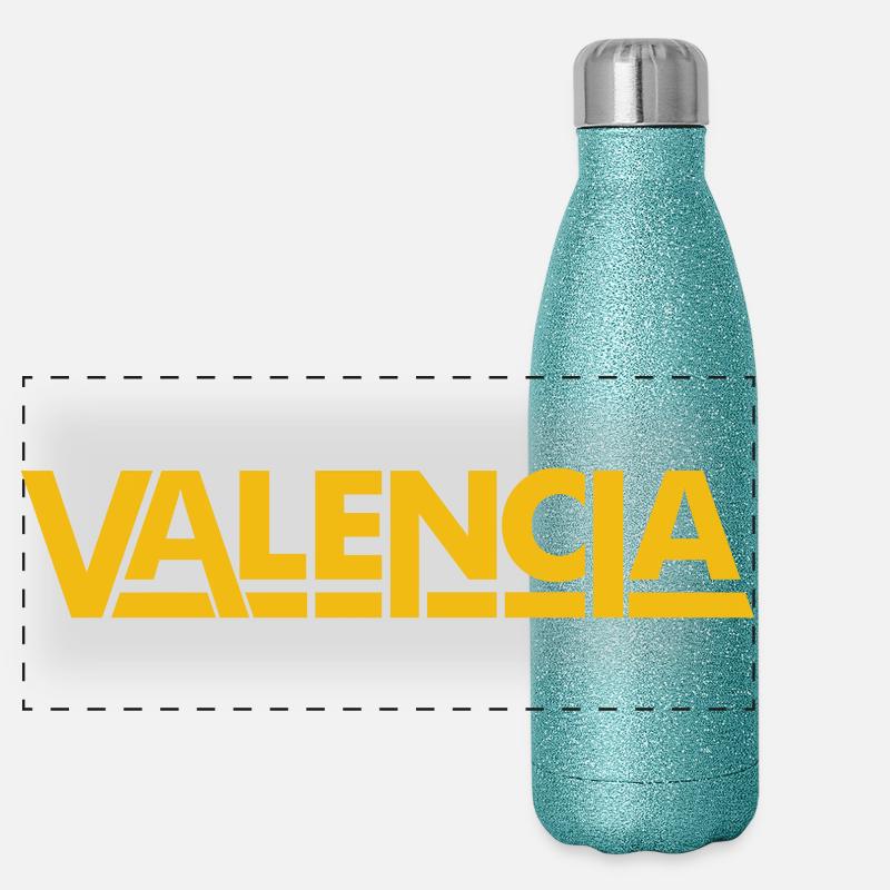 Valencia Spain Lettering Yellow - Panoramic Glitter Thermal Bottle 500 ml - blue glitter