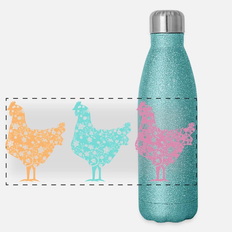 Fans de poulet - Coq - Coq - Poulet fleur - Bio Gourde isotherme panoramique pailletée 500 ml