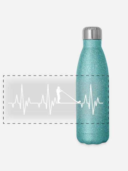 Herzschlag EKG Alphorn Alpenhorn Musik - Panorama Glitzer Isolierflasche 500 ml - Blau Glitzer - Vorne