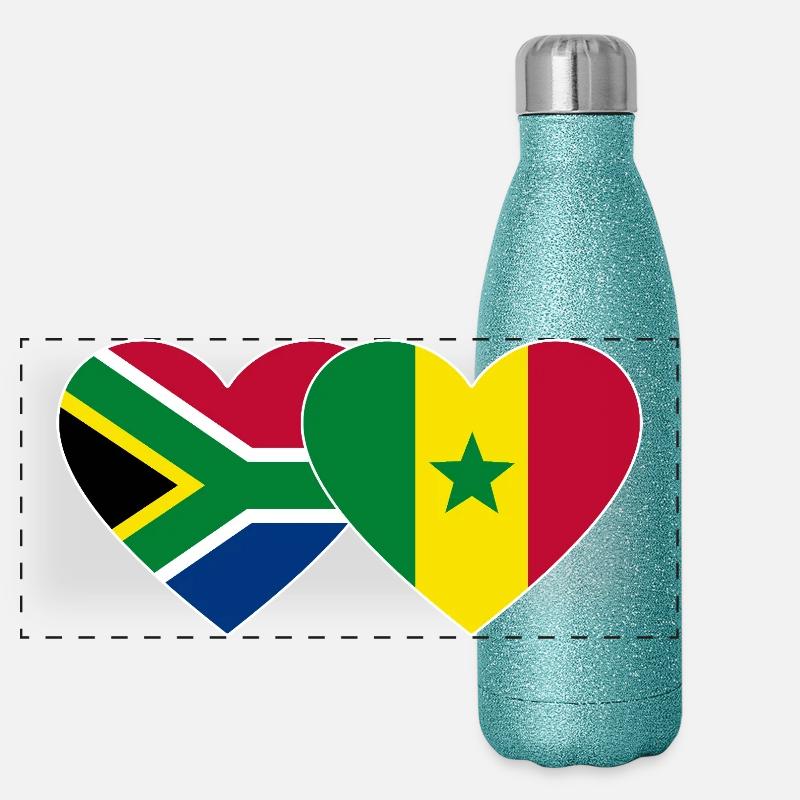 Afrique du Sud Sénégal Drapeau Mains Coeur Forme Gourde isotherme panoramique pailletée 500 ml