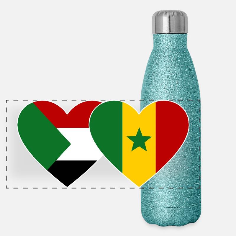 Soudan Sénégal Drapeau Coeur Gourde isotherme panoramique pailletée 500 ml