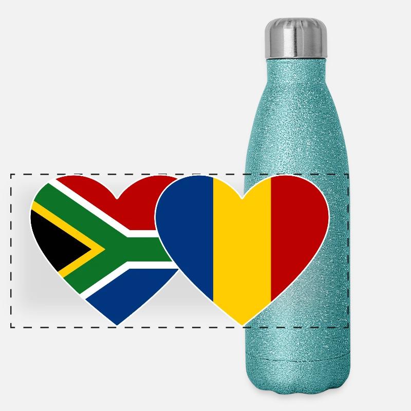 Südafrika Tschad Flagge Herz used Panorama Glitzer Isolierflasche 500 ml