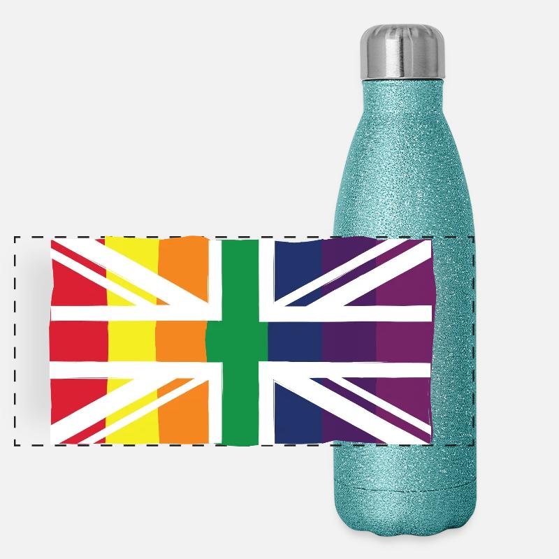 Rainbow Union Jack Pride - UK Flag LGBTQ+ Design - Panoramic Glitter Thermal Bottle 500 ml - blue glitter
