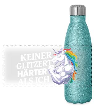 Härter als ich – Einhorn Kraftdesign - Panorama Glitzer Isolierflasche 500 ml - Blau Glitzer - Vorne