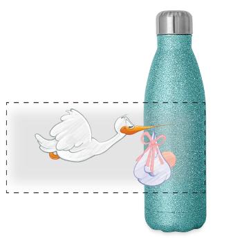 La cigogne apporte le bébé - Gourde isotherme panoramique pailletée 500 ml - paillettes bleues - Devant