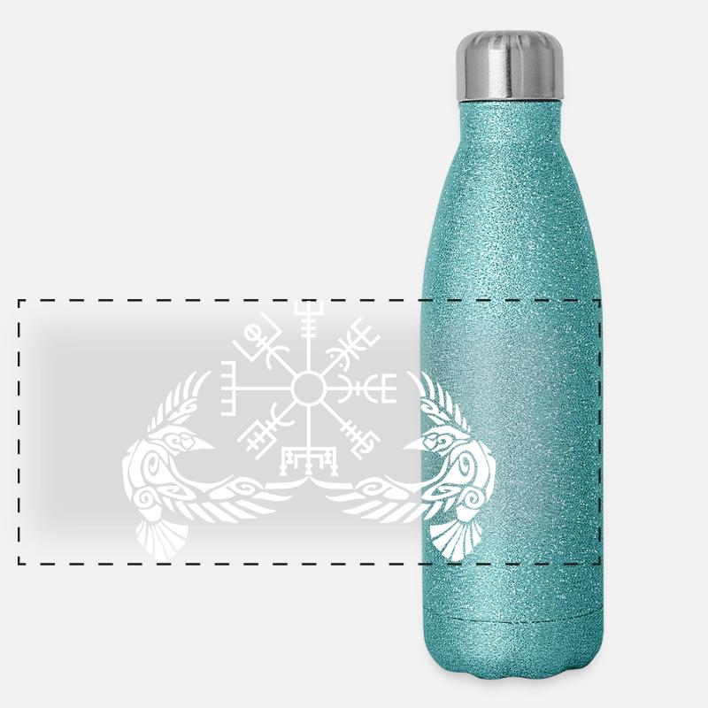 Weiße Krähen und Wikingerkompass Panorama Glitzer Isolierflasche 500 ml
