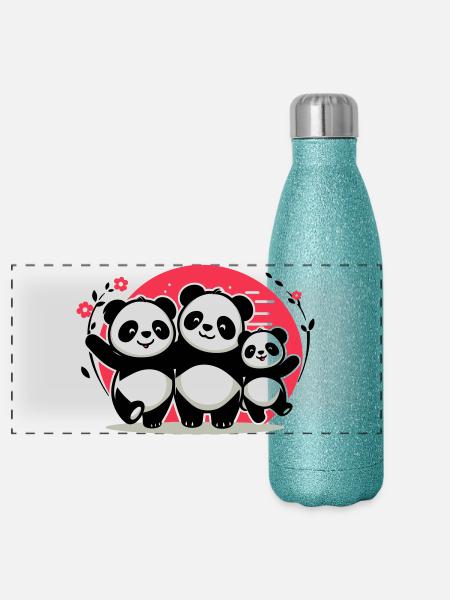 Pandas Family - 1 Elternteil 2 Kinder - Panorama Glitzer Isolierflasche 500 ml - Blau Glitzer - Vorne