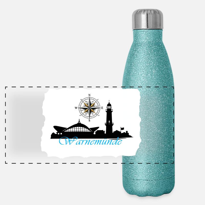 Warnemünde Compass & Lighthouse Silhouette Panoramic Glitter Thermal Bottle 500 ml
