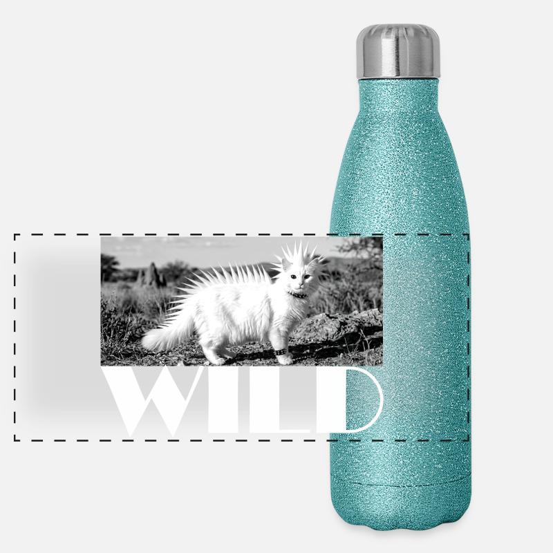 Wild punky cat with spiked mane wild Panoramic Glitter Thermal Bottle 500 ml