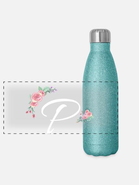 Buchstabe p Blumen - Panorama Glitzer Isolierflasche 500 ml - Blau Glitzer - Vorne