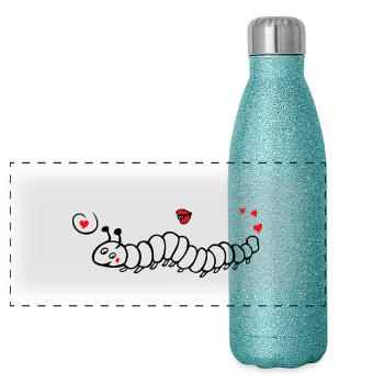 Raupe mit Marienkäfer Frühling - Panorama Glitzer Isolierflasche 500 ml - Blau Glitzer - Vorne