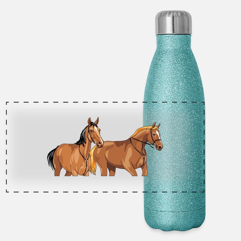Zwei wunderschöne braune Pferde Panorama Glitzer Isolierflasche 500 ml