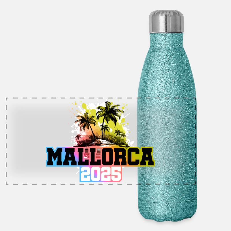 Majorque 2025 Palmiers Coloré Gourde isotherme panoramique pailletée 500 ml