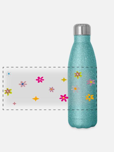 kleine Blüten - Panorama Glitzer Isolierflasche 500 ml - Blau Glitzer
