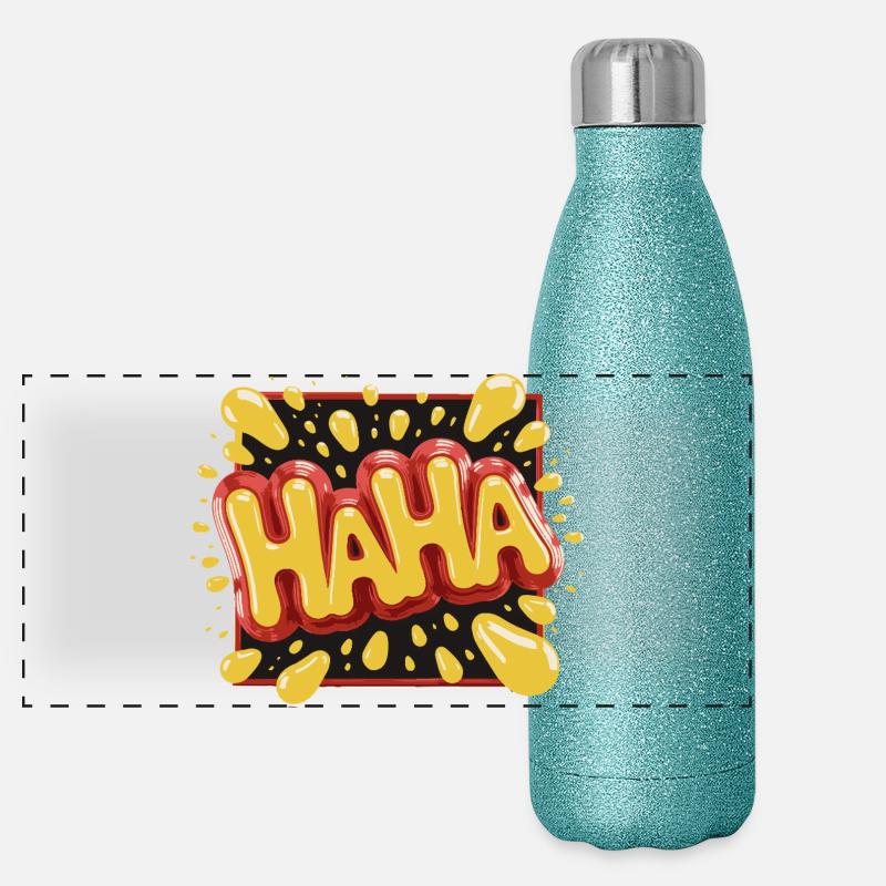 Lebhaftes Haha-Design im Comic-Stil Panorama Glitzer Isolierflasche 500 ml