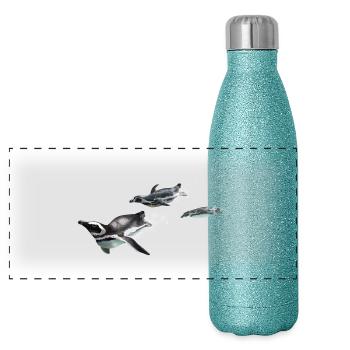 Three penguins - Panoramic Glitter Thermal Bottle 500 ml - blue glitter - Front