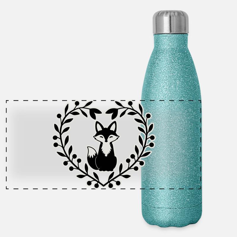 Renard mignon dans une couronne de feuilles - dessiné à la main Gourde isotherme panoramique pailletée 500 ml