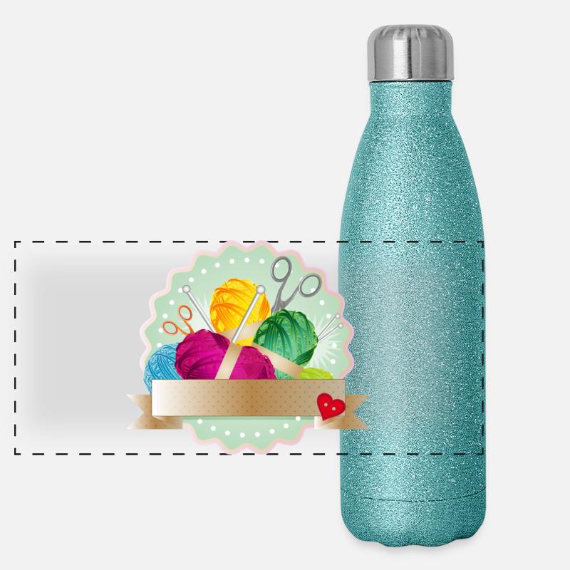 Balls of wool, button & knitting needles as a colorful patch Panoramic Glitter Thermal Bottle 500 ml