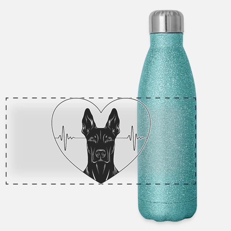 Dobermann im Herz mit Herzschlag - Panorama Glitzer Isolierflasche 500 ml - Blau Glitzer