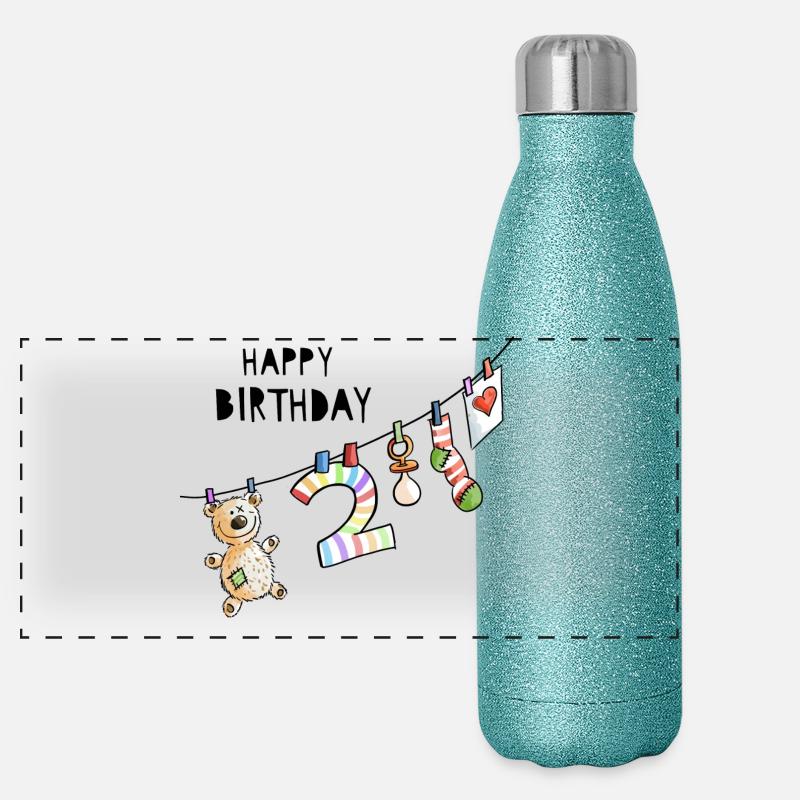 Happy Birthday - Second Birthday - Two years - Panoramic Glitter Thermal Bottle 500 ml - blue glitter