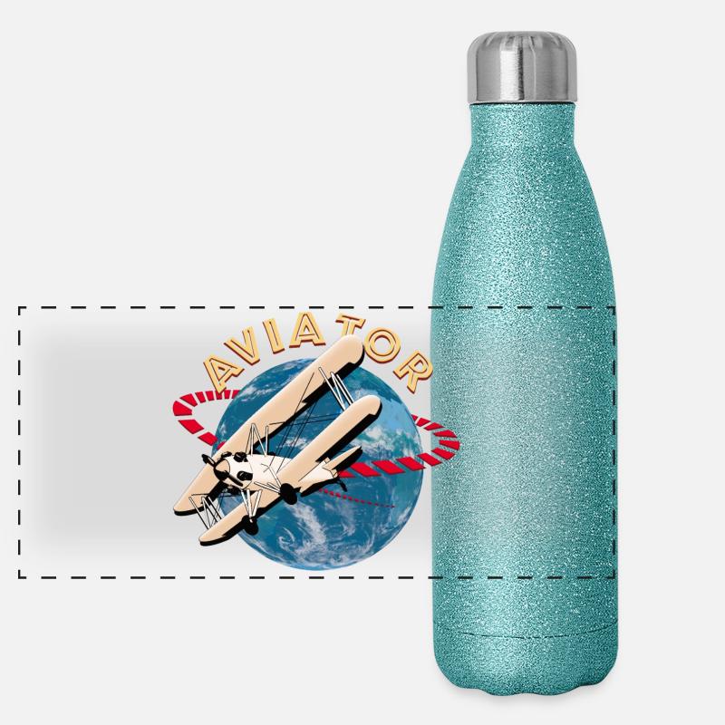 Aircraft Pilot - Aviator - Panoramic Glitter Thermal Bottle 500 ml - blue glitter