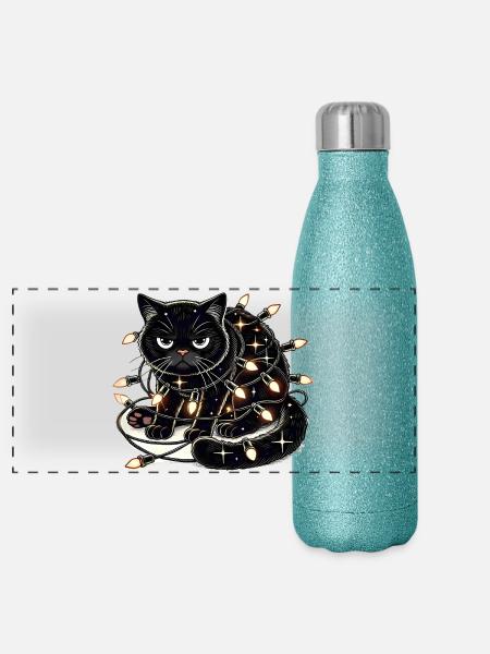 Grumpy Christmas Cat. Miau aber bitte ohne Lametta - Panorama Glitzer Isolierflasche 500 ml - Blau Glitzer - Vorne