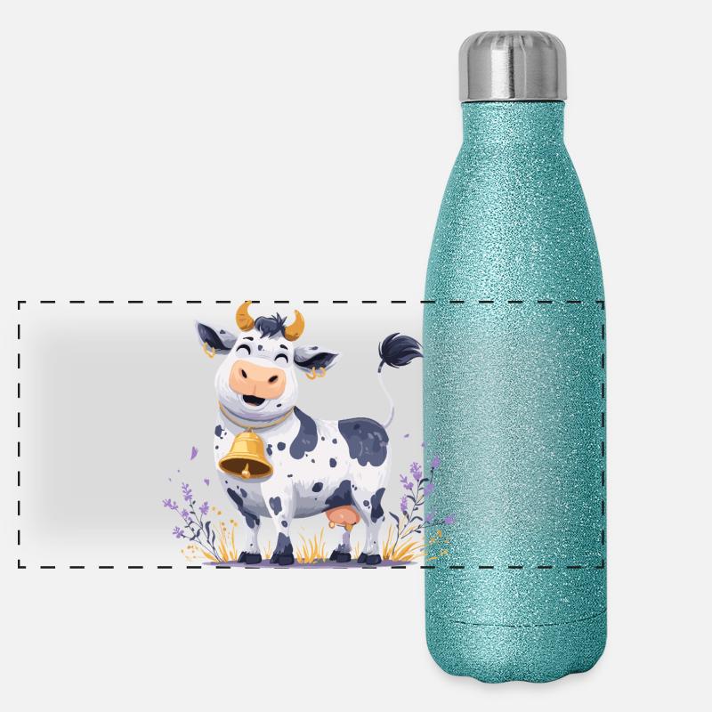Vache drôle avec la clochette Gourde isotherme panoramique pailletée 500 ml
