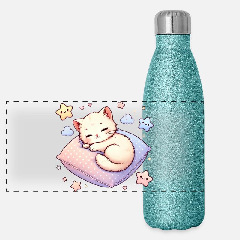 Niedliches Kätzchen im Traumland Panorama Glitzer Isolierflasche 500 ml