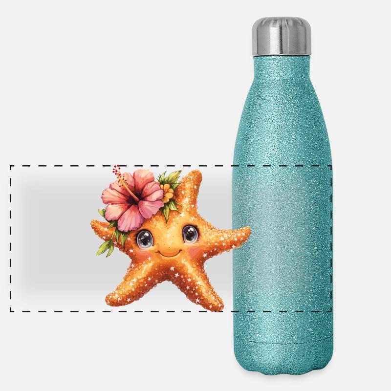 Étoile de mer douce avec fleur d’hibiscus Gourde isotherme panoramique pailletée 500 ml