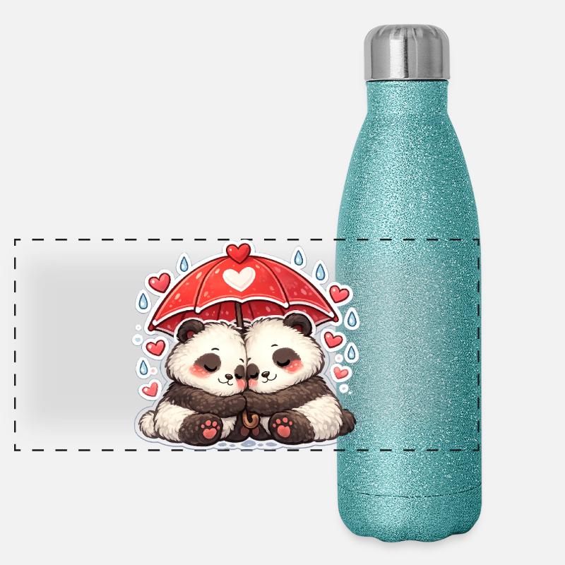 Panda couple under red umbrella Panoramic Glitter Thermal Bottle 500 ml