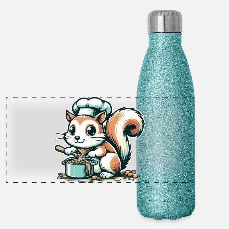 Niedliches Cartoon-Eichhörnchen kocht Spaghetti Panorama Glitzer Isolierflasche 500 ml