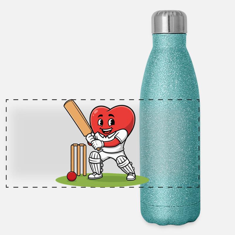 Cricket Herz Maskottchen mit Schläger und Ball Panorama Glitzer Isolierflasche 500 ml