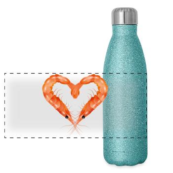 two prawns or shrimps designed in heart shape - Panoramic Glitter Thermal Bottle 500 ml - blue glitter - Front
