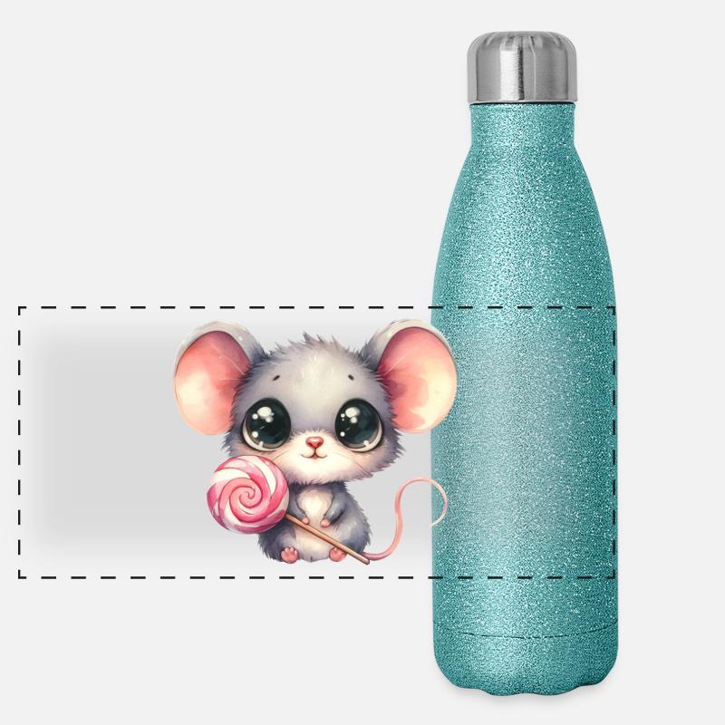 Kleines Mäuschen mit Lolli Panorama Glitzer Isolierflasche 500 ml