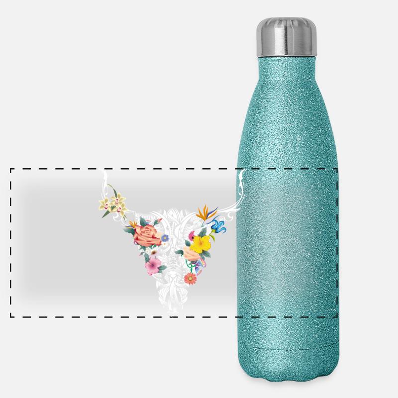 Crâne de taureau avec des fleurs Gourde isotherme panoramique pailletée 500 ml