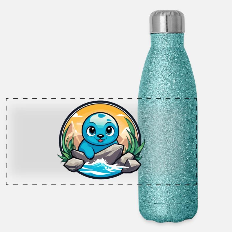 Little seal on rocks Panoramic Glitter Thermal Bottle 500 ml