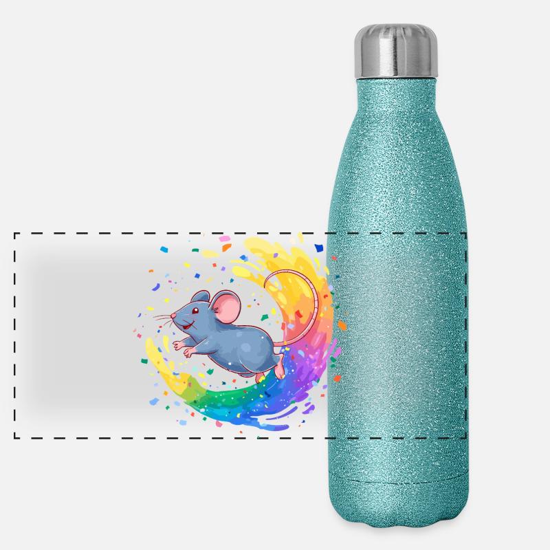 Souris colorée dans un tourbillon de couleurs Gourde isotherme panoramique pailletée 500 ml
